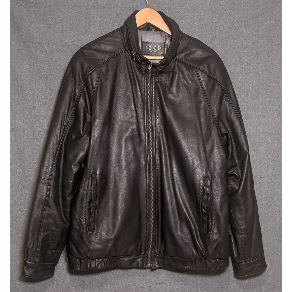 IZOD Leather Jacket Mens XL Black Full Zip Mock Neck Bomber Coat